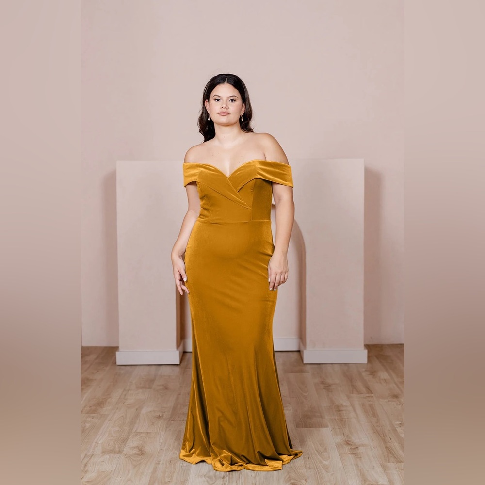 Revelry Bardot Velvet Bridesmaid dress in Mustard/Gold